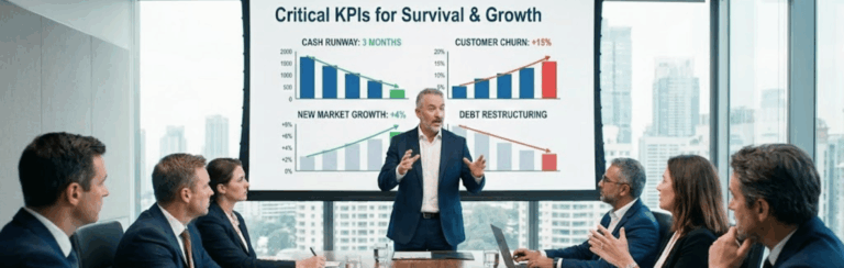 מנכל בישיבה עם ההנהלה, מציג מדדי ביצוע קריטיים (KPIs) להישרדות וצמיחה