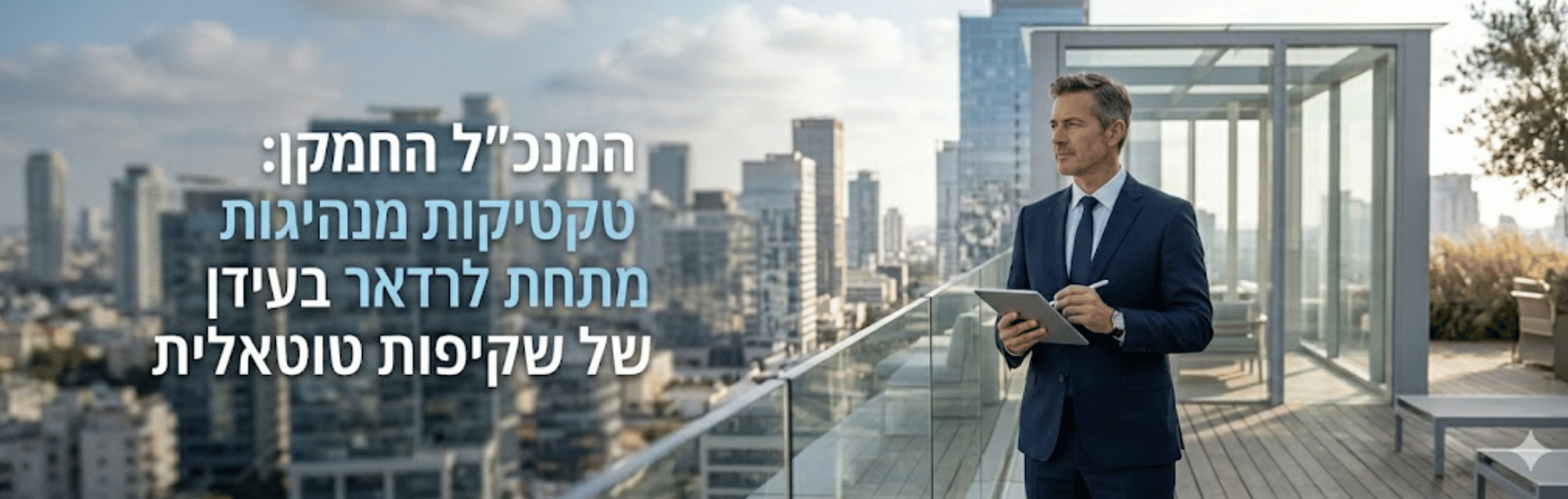 Businessman in a navy suit stands on a glass-walled balcony overlooking a city skyline, holding a tablet and pen while a Hebrew headline appears on screen.