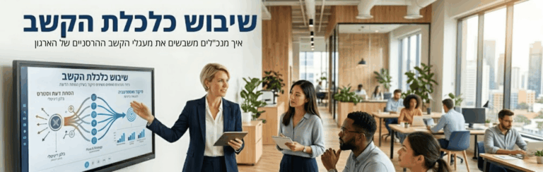 Business presenter in a navy suit points to a large screen with Hebrew text, as coworkers discuss in a bright open-office.