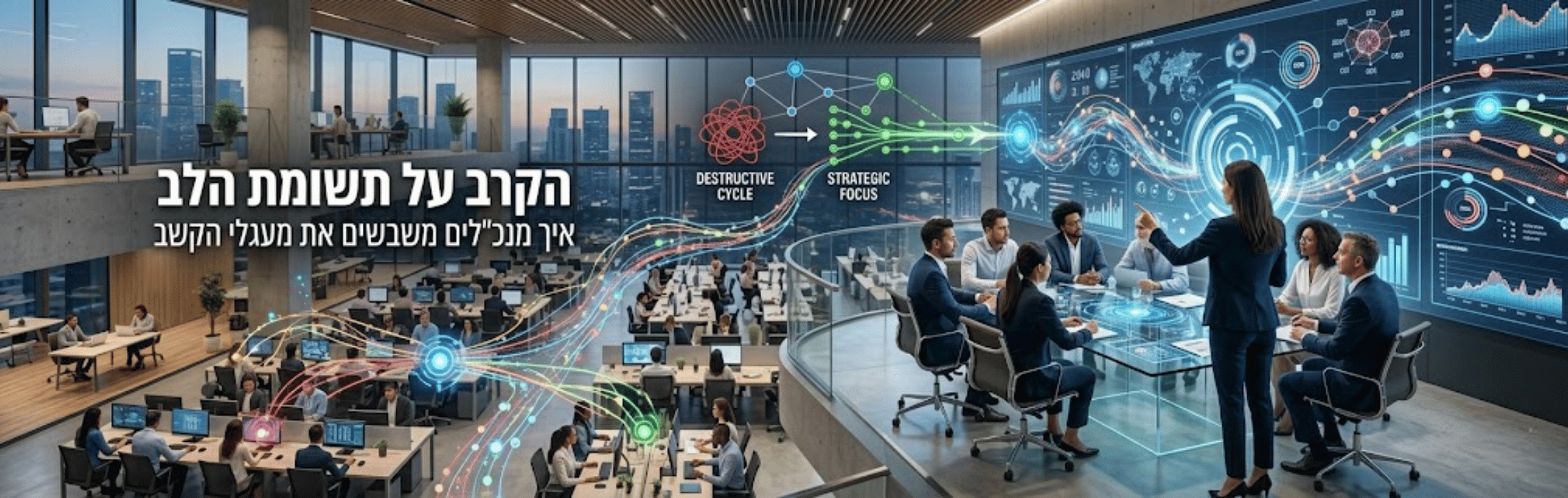 Open-plan office with a large wall of futuristic analytics visuals and colorful data streams, a round glass conference table where a team kneels to discuss. Hebrew text on the left adds a title.