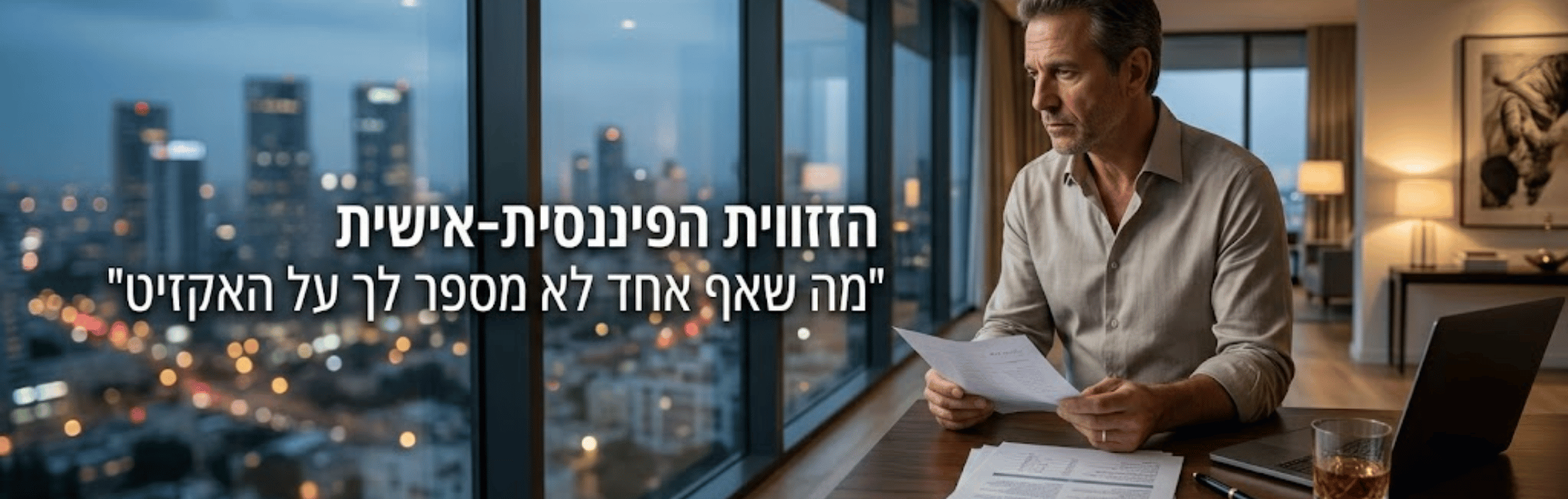 Man in a light shirt sits at a desk with papers and a laptop in a modern office, city lights outside, with a Hebrew caption overlay about personal finances.