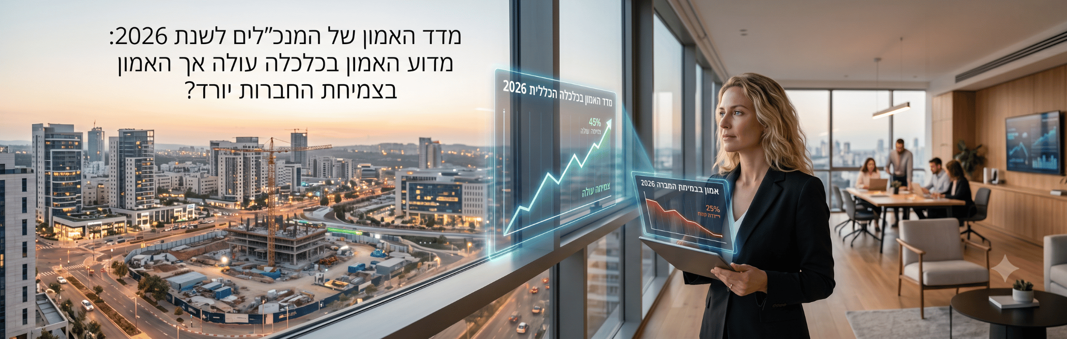 אישה מקצועית בחלון חדר ישיבות מודרני מול תצוגת נתוני שוק הולוגרפיים לחזית 2026.