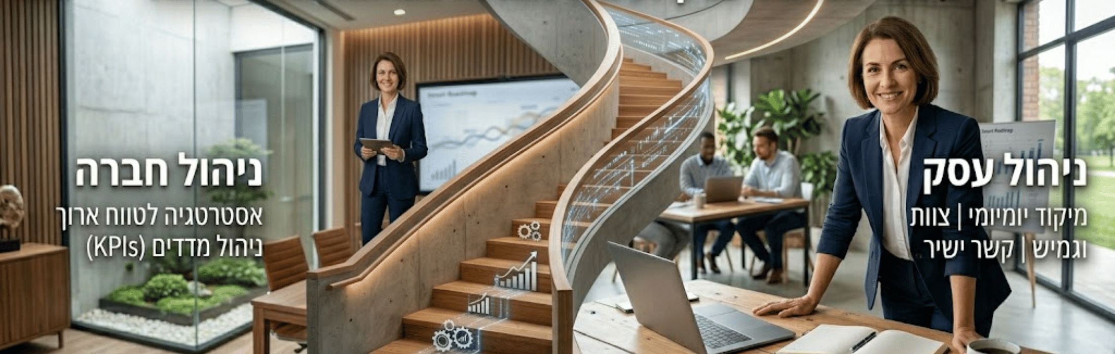 Two businesswomen in a modern office with a curved wooden staircase; Hebrew captions appear on both sides of the image.