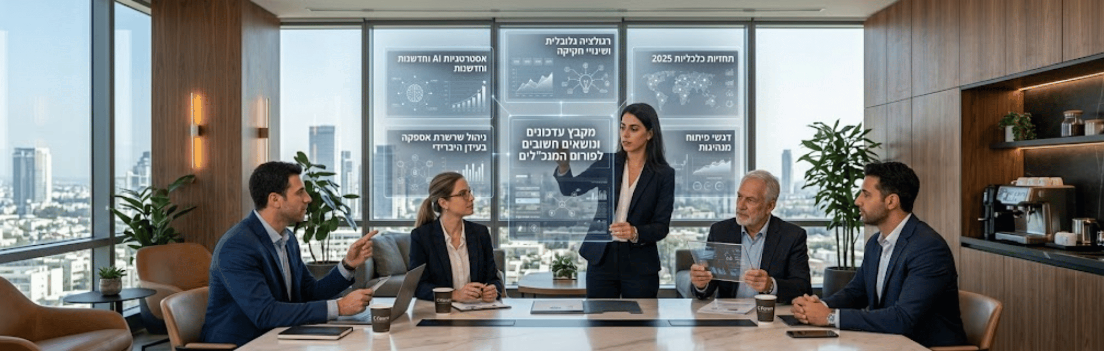 Business team meeting in a glass-walled office while a presenter shows floating charts and graphs to colleagues.