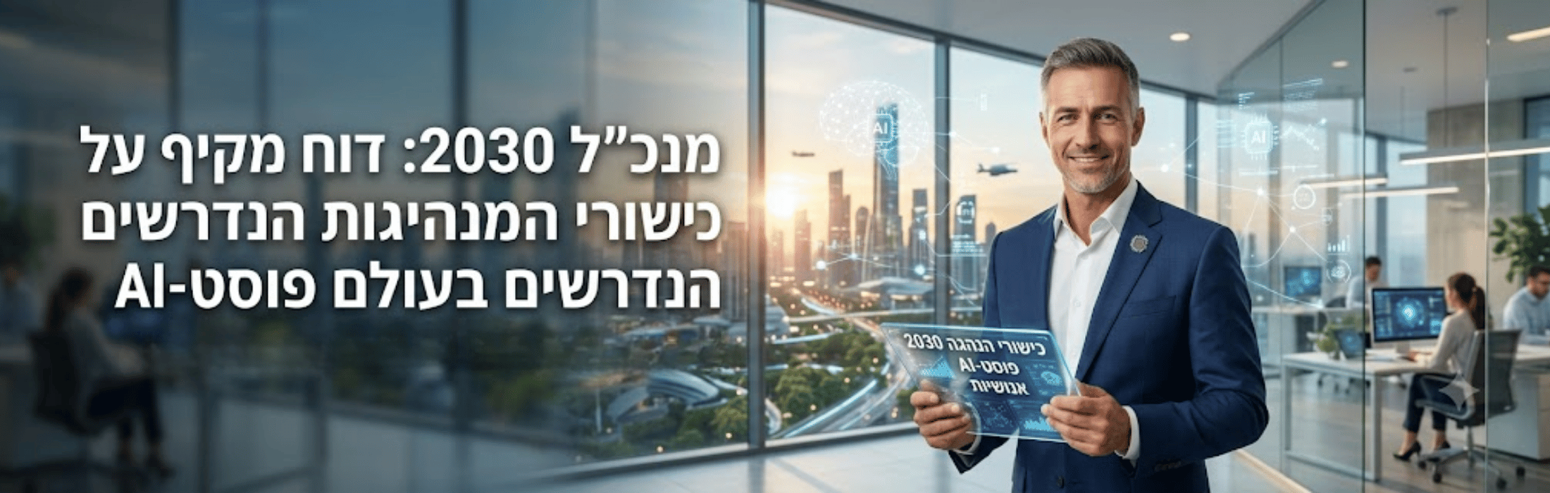 Businessman in a blue suit holds an AI brochure in a glass-walled office with a city view outside, promoting 2030 tech