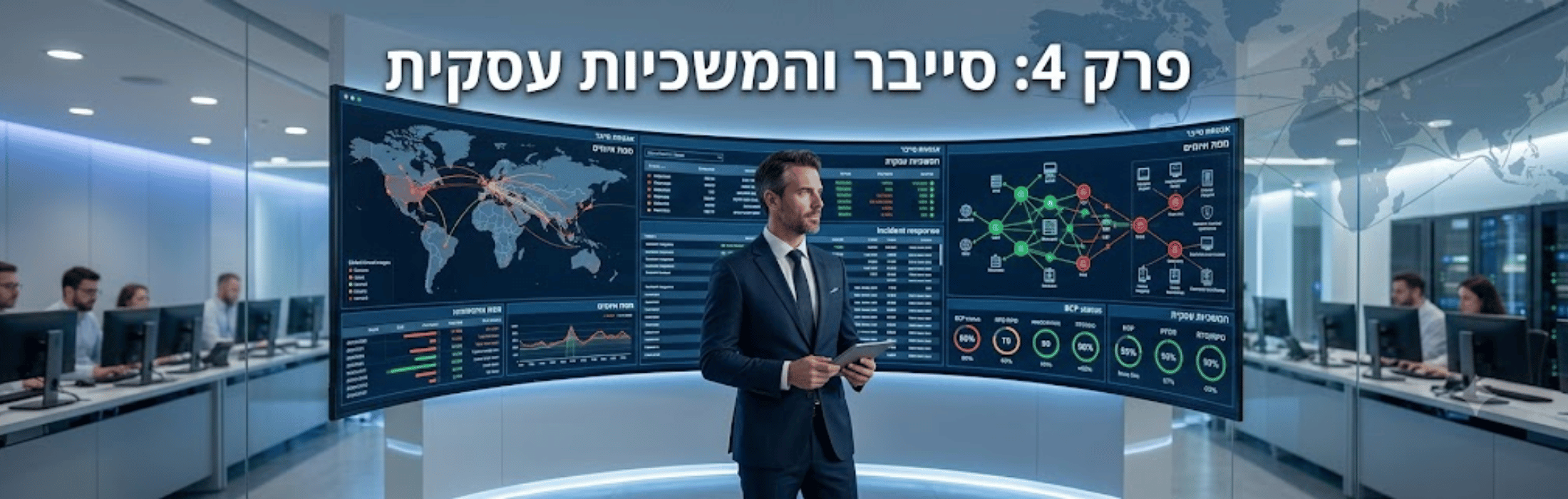 Business professional stands before curved dashboards showing a world map and analytics in a modern control room.
