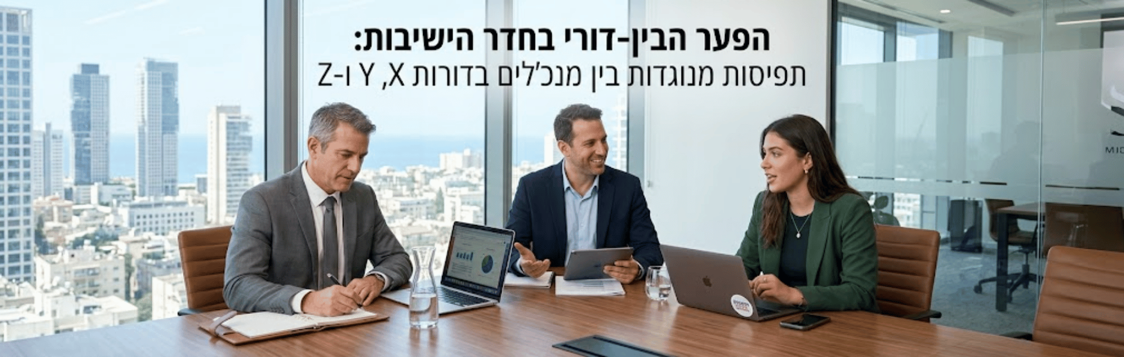 Three professionals in a modern conference room discuss a project, with laptops, a notebook, and a pitcher on a wooden table and a city skyline outside.