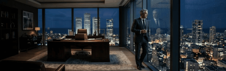 Man in a dark suit stands by a glass wall, looking out over a lit city skyline at night in a modern office.