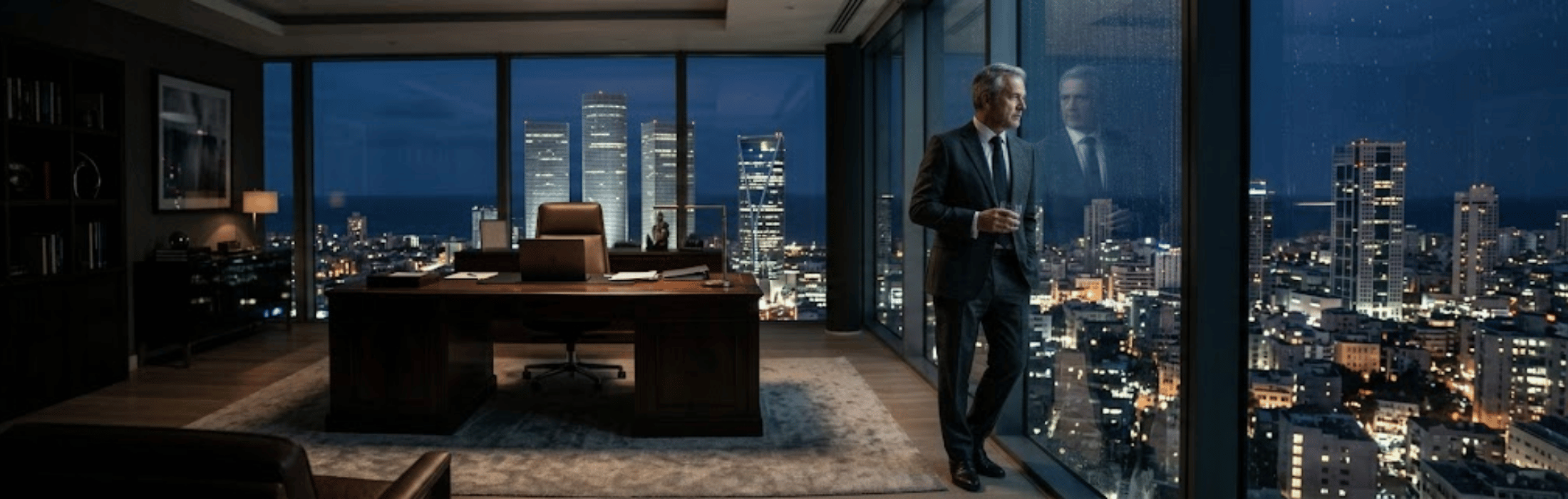 Man in a dark suit stands by a glass wall, looking out over a lit city skyline at night in a modern office.