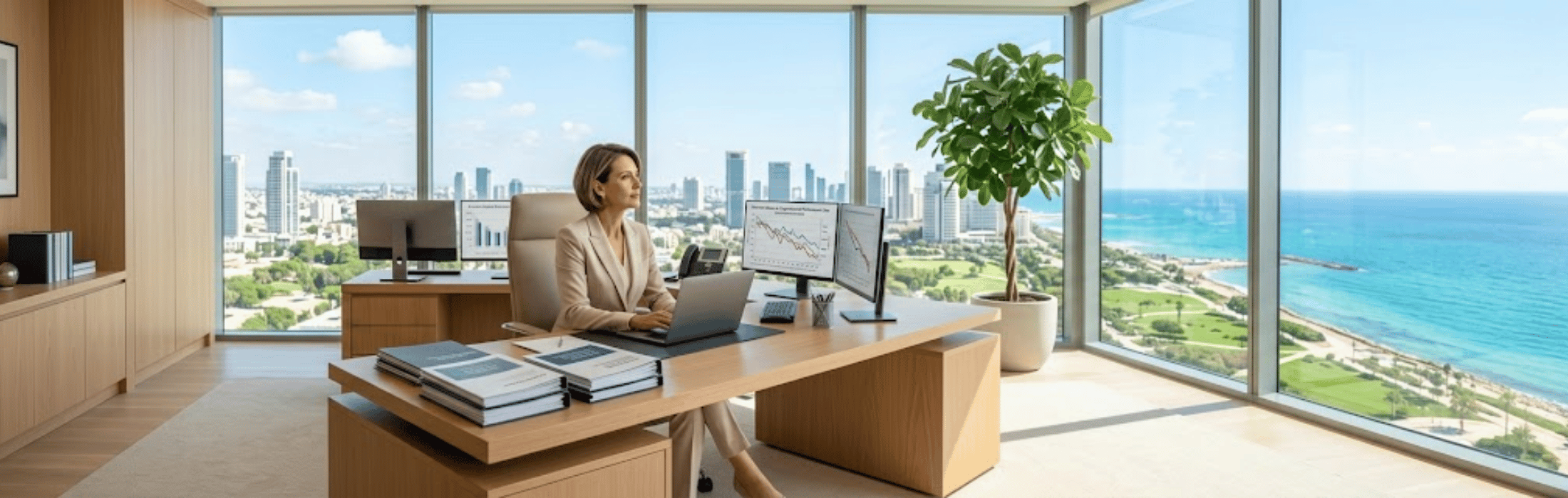 Businesswoman in a beige suit sits at a wooden desk with a laptop and two monitors in a bright office overlooking the ocean and skyline.