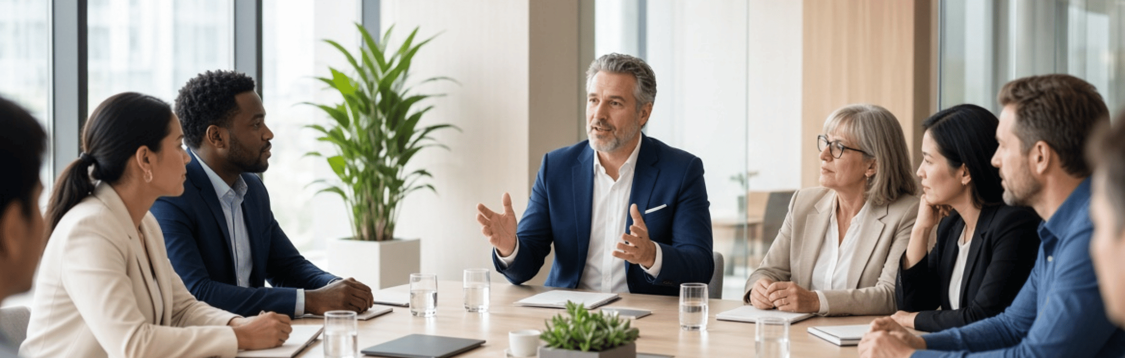 Group of professionals around a conference table; a man in a blue blazer speaks with hand gestures.