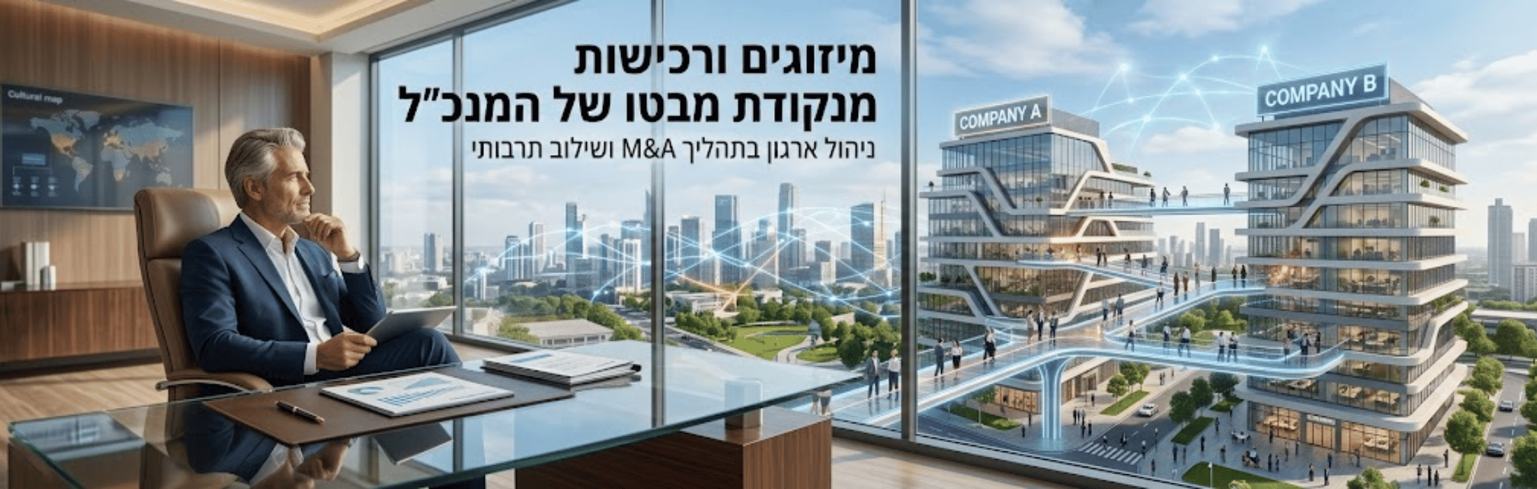 Businessman in a navy suit sits at a glass desk in a modern office, overlooking a futuristic city with two skybridge-connected buildings labeled Company A and Company B.