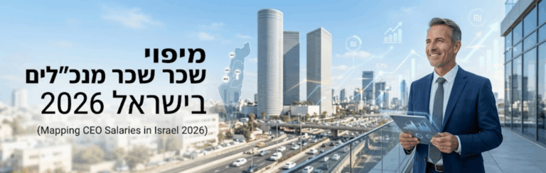 Businessman in a blue suit holding a tablet stands on a glass balcony with a city skyline, for an article on mapping CEO salaries in Israel 2026 (Hebrew title shown).