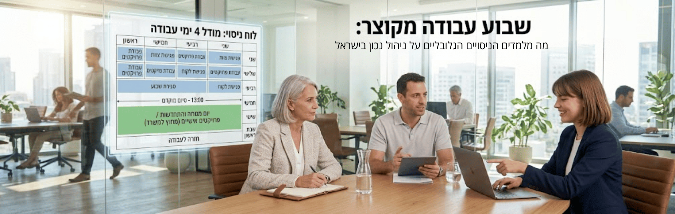 Three colleagues in a bright modern office discuss a project around a wooden table, with a large Hebrew schedule chart on a glass board nearby.