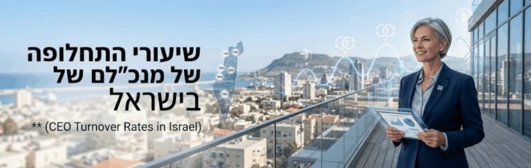 Businesswoman in a blue suit on a glass balcony overlooking a city, holding a report, with Hebrew headline about CEO turnover rates in Israel overlaid.
