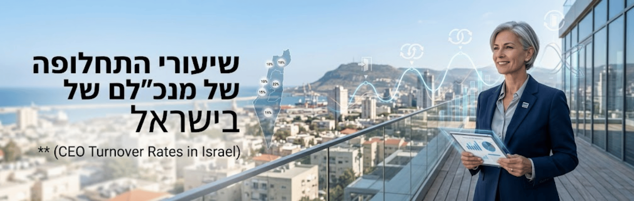 Businesswoman in a blue suit on a glass balcony overlooking a city, holding a report, with Hebrew headline about CEO turnover rates in Israel overlaid.